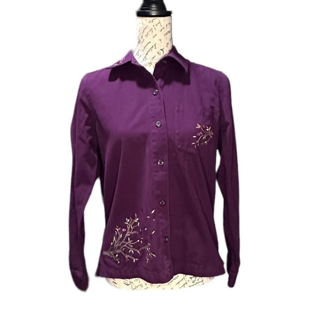 Christopher & Banks Purple Embroidered Button Down Long Sleeve Shirt Size Small